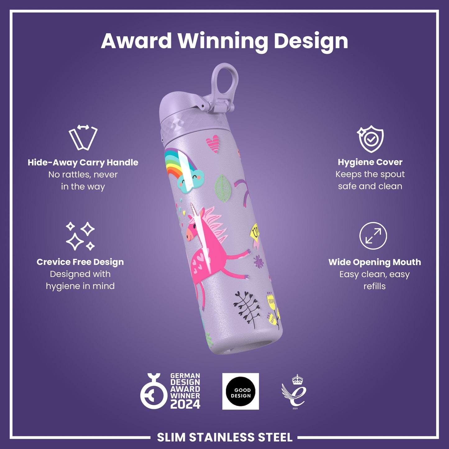 Leak Proof Slim Water Bottle, Stainless Steel, Purple Unicorns, 600ml (20oz)