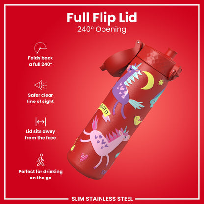 Leak Proof Slim Water Bottle, Stainless Steel, Red Unicorns, 600ml (20oz)