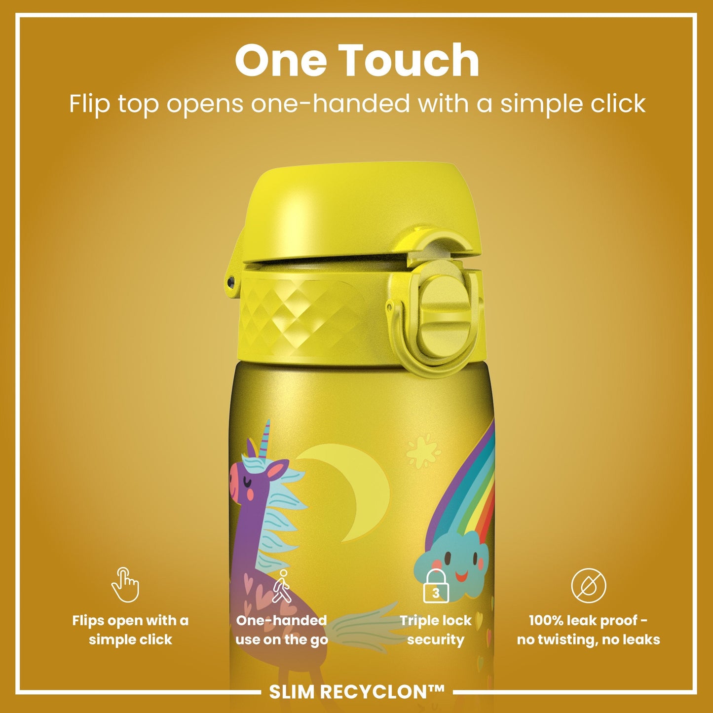 Leak Proof Slim Water Bottle, Recyclon, Yellow Unicorns, 500ml (18oz)
