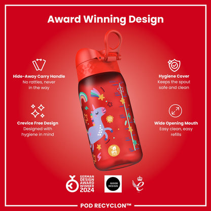 Leak Proof Kids Water Bottle, Recyclon, Red Unicorns, 350ml (12oz)