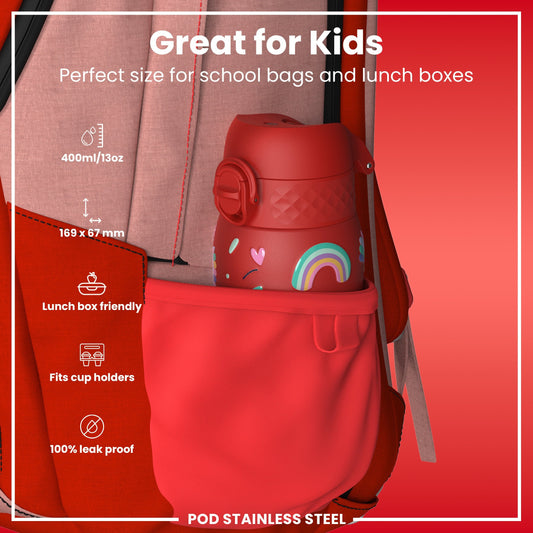 Leak Proof Kids Water Bottle, Stainless Steel, Red Unicorns, 400ml (13oz)