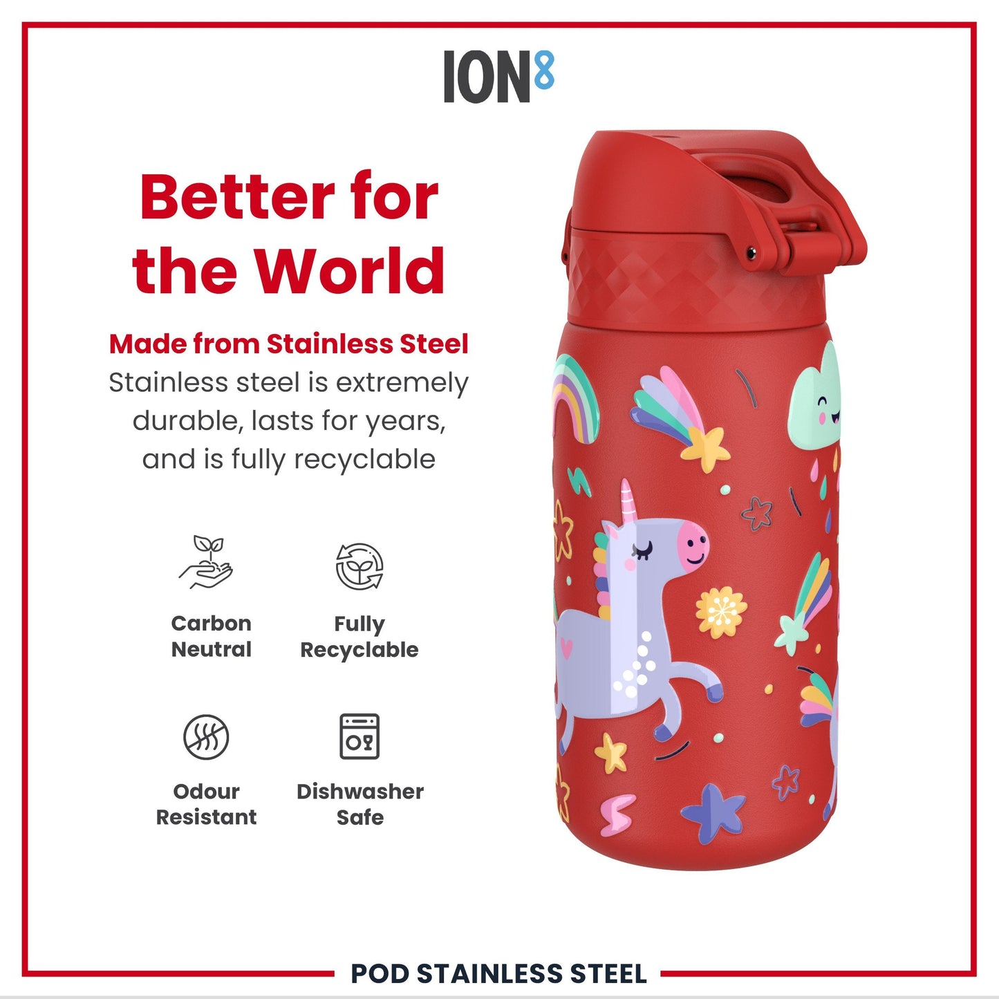 Leak Proof Kids Water Bottle, Stainless Steel, Red Unicorns, 400ml (13oz)