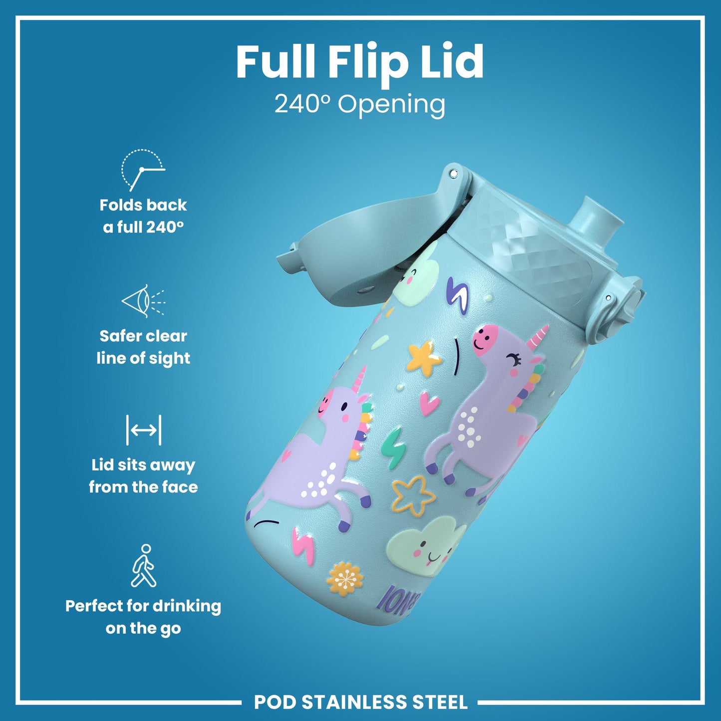 Leak Proof Kids Water Bottle, Stainless Steel, Blue Unicorns, 400ml (13oz)