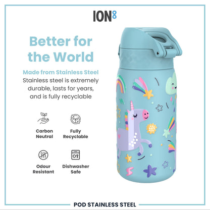 Leak Proof Kids Water Bottle, Stainless Steel, Blue Unicorns, 400ml (13oz)
