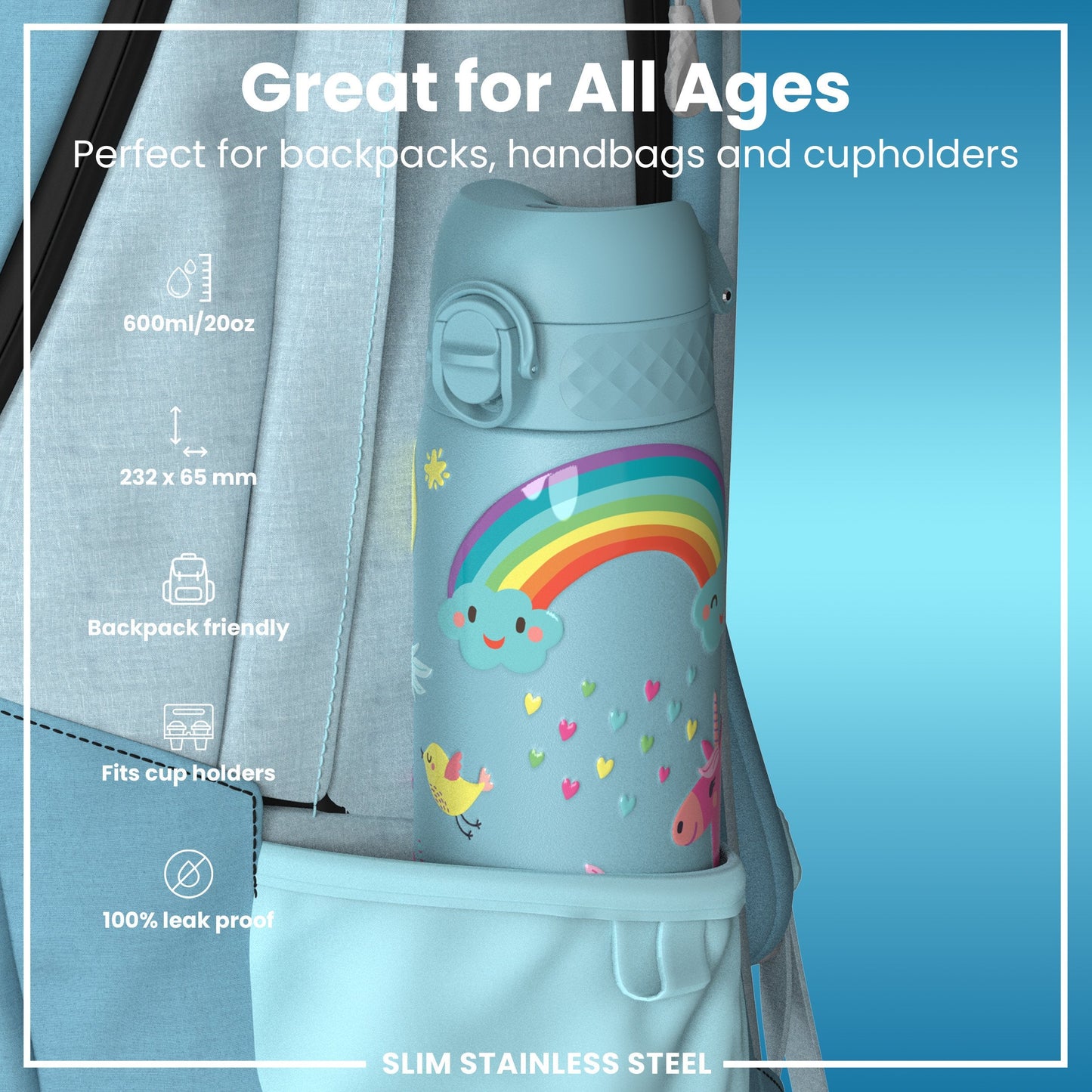 Leak Proof Slim Water Bottle, Stainless Steel, Blue Unicorns, 600ml (20oz)