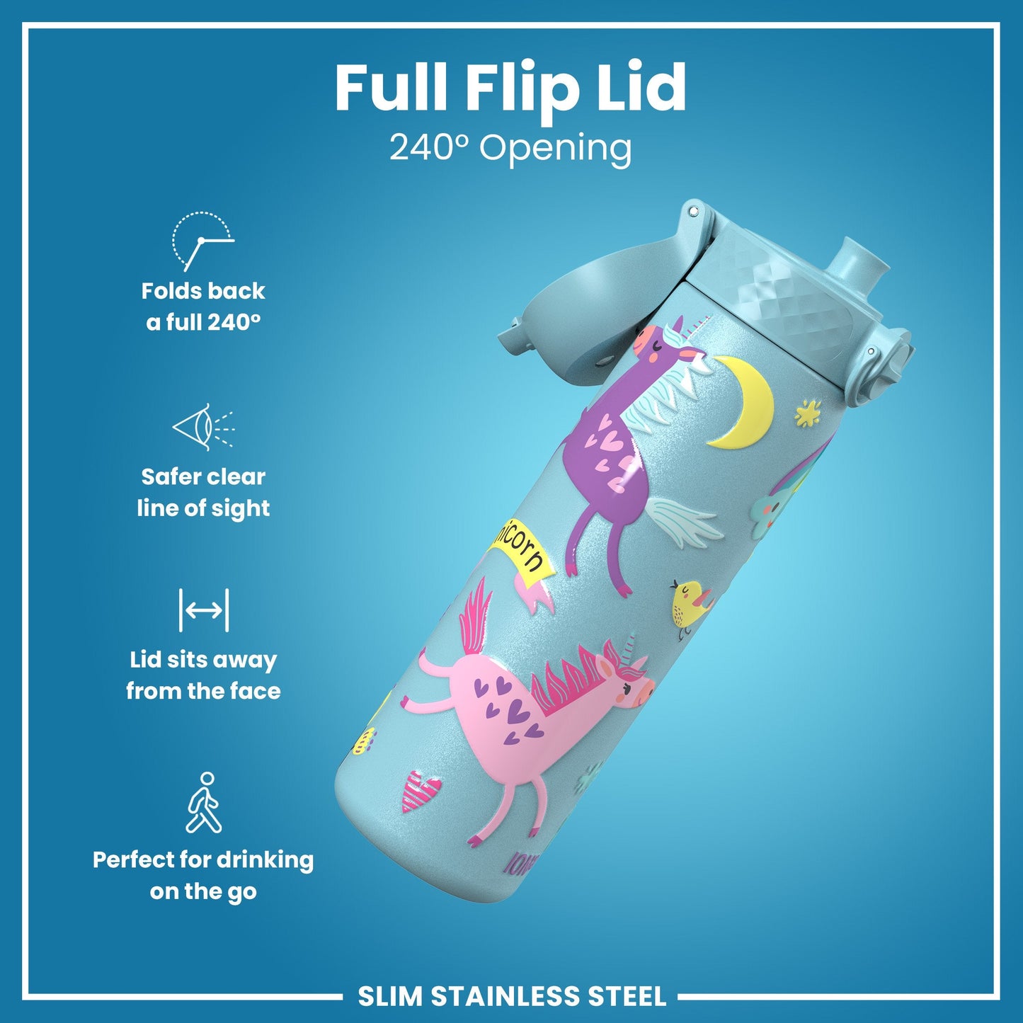 Leak Proof Slim Water Bottle, Stainless Steel, Blue Unicorns, 600ml (20oz)