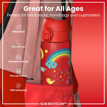 Leak Proof Slim Water Bottle, Recyclon, Red Unicorns, 500ml (18oz)