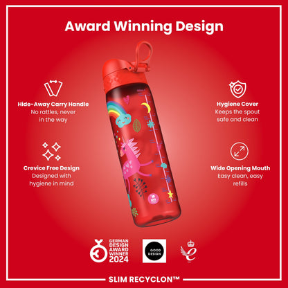 Leak Proof Slim Water Bottle, Recyclon, Red Unicorns, 500ml (18oz)