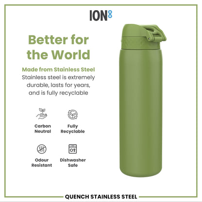 Leak Proof 1 Litre Water Bottle, Stainless Steel, Khaki Green, 1L