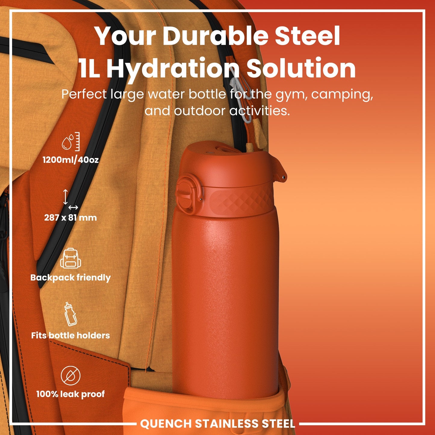Leak Proof 1 Litre Water Bottle, Stainless Steel, Hearty Orange, 1L