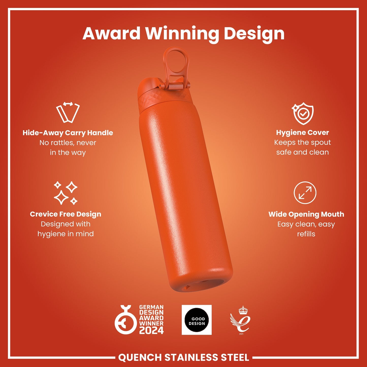 Leak Proof 1 Litre Water Bottle, Stainless Steel, Hearty Orange, 1L