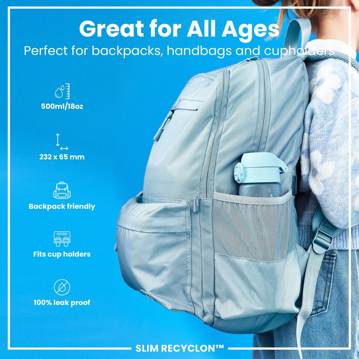 Leak Proof Slim Water Bottle, Recyclon, Mermaids, 500ml (18oz)