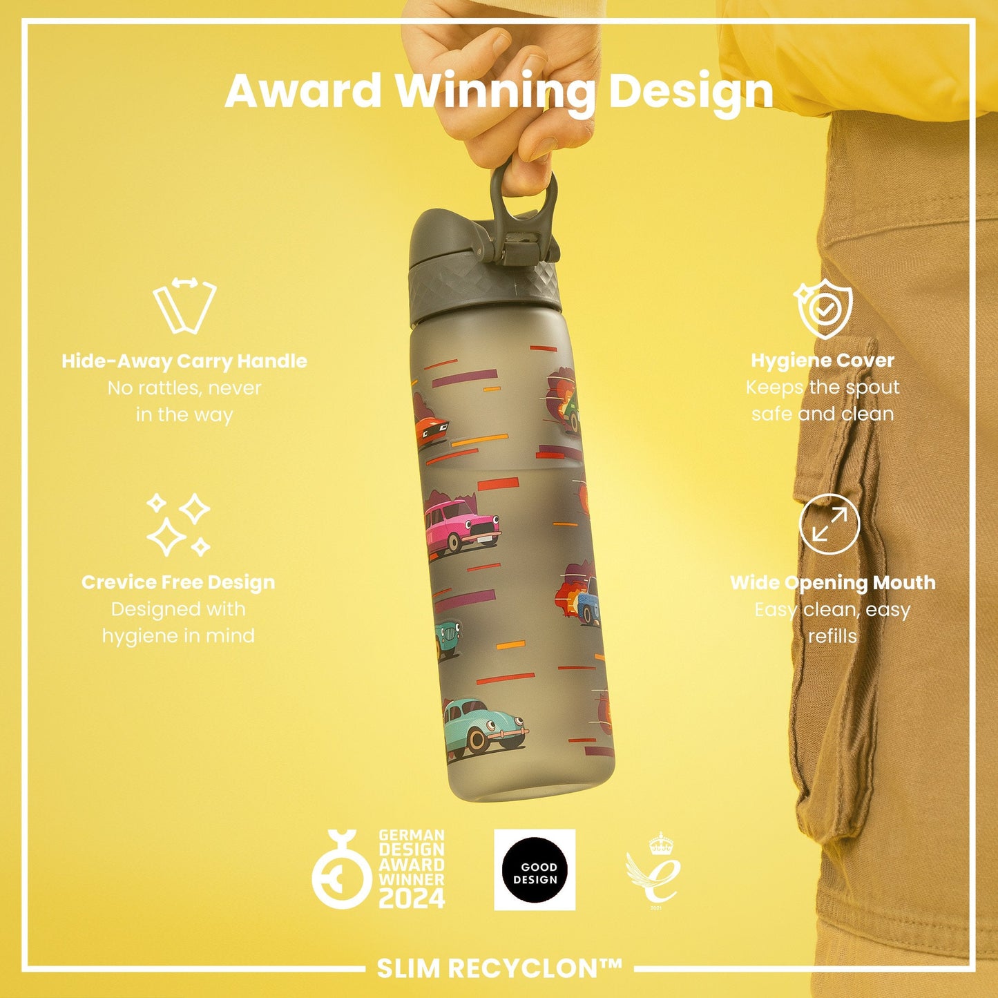 Leak Proof Slim Water Bottle, Recyclon, Sport Cars, 500ml (18oz)