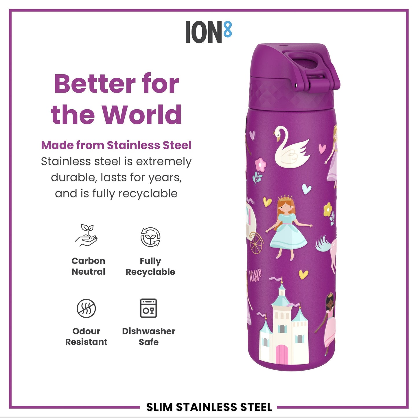 Leak Proof Slim Thermal Water Bottle, Insulated Steel, Princess, 500ml (17oz)