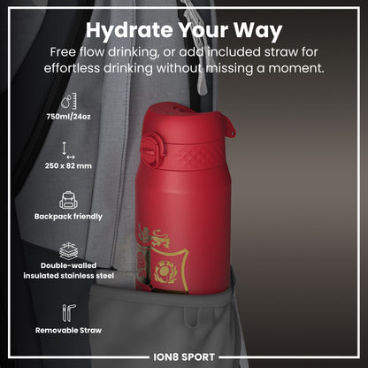 Lions X ION8 Insulated Steel Water Bottle, British & Irish Lions, Sea of Red, 750ml (24oz)