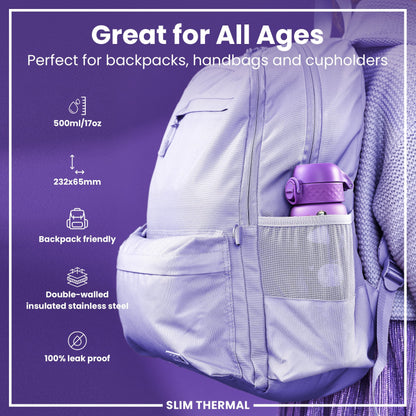 Leak Proof Slim Thermal Water Bottle, Insulated Steel, Princess, 500ml (17oz)