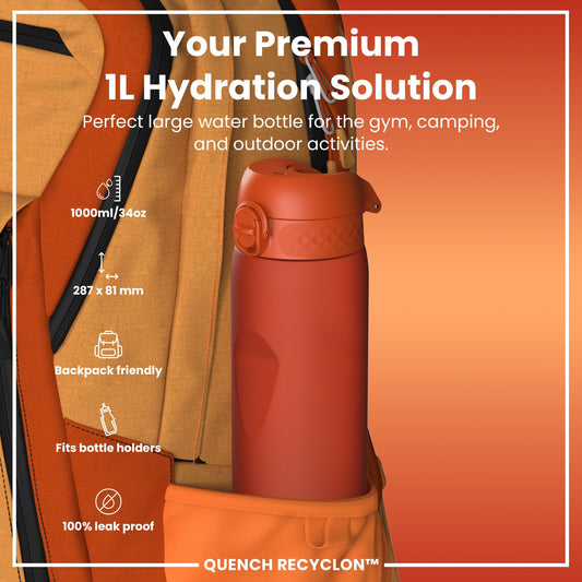 Leak Proof 1 litre Water Bottle, Recyclon, Hearty Orange, 1L