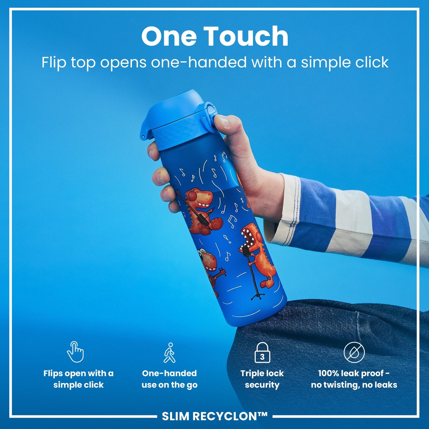 Leak Proof Slim Water Bottle, Recyclon, Dino Band, 500ml (18oz)