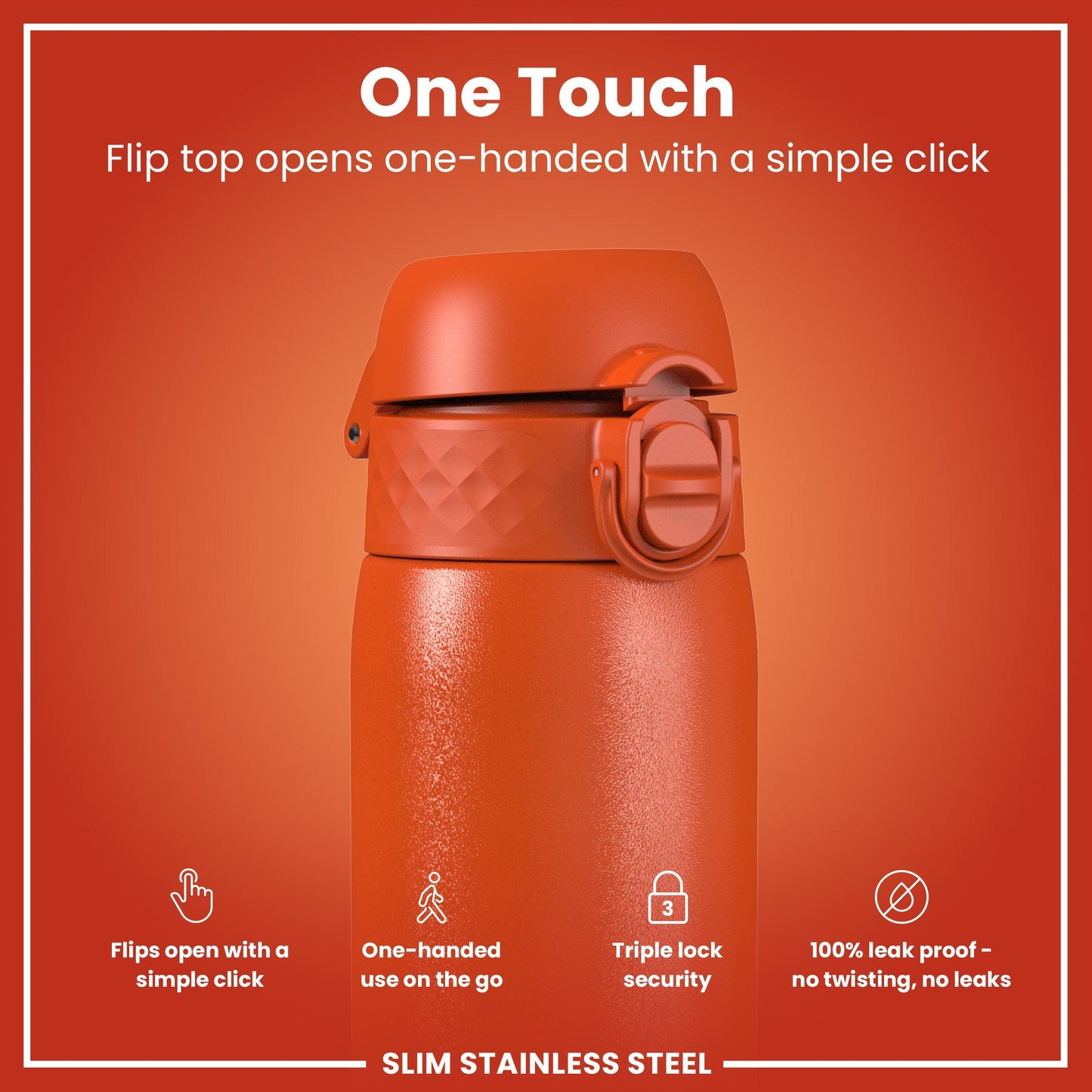 Leak Proof Slim Water Bottle, Stainless Steel, Hearty Orange, 600ml (20oz)