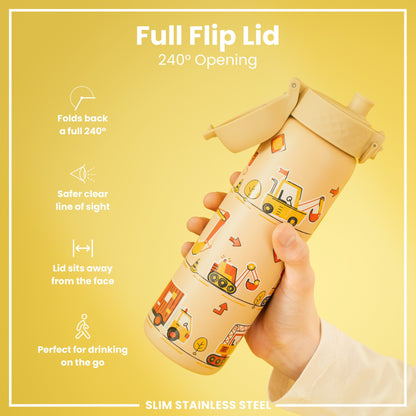 Leak Proof Slim Water Bottle, Stainless Steel, Diggers, 600ml (20oz)