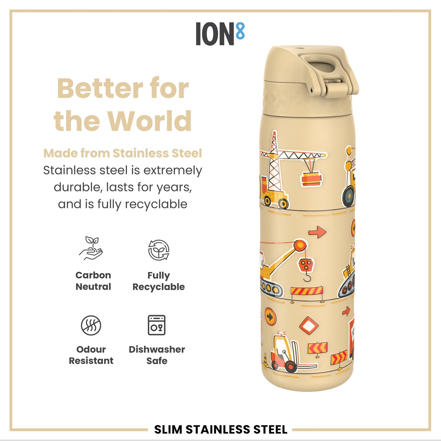 Leak Proof Slim Water Bottle, Stainless Steel, Diggers, 600ml (20oz)