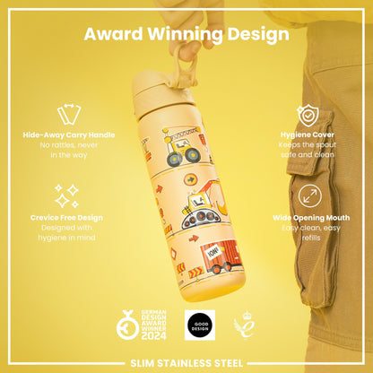 Leak Proof Slim Water Bottle, Stainless Steel, Diggers, 600ml (20oz)