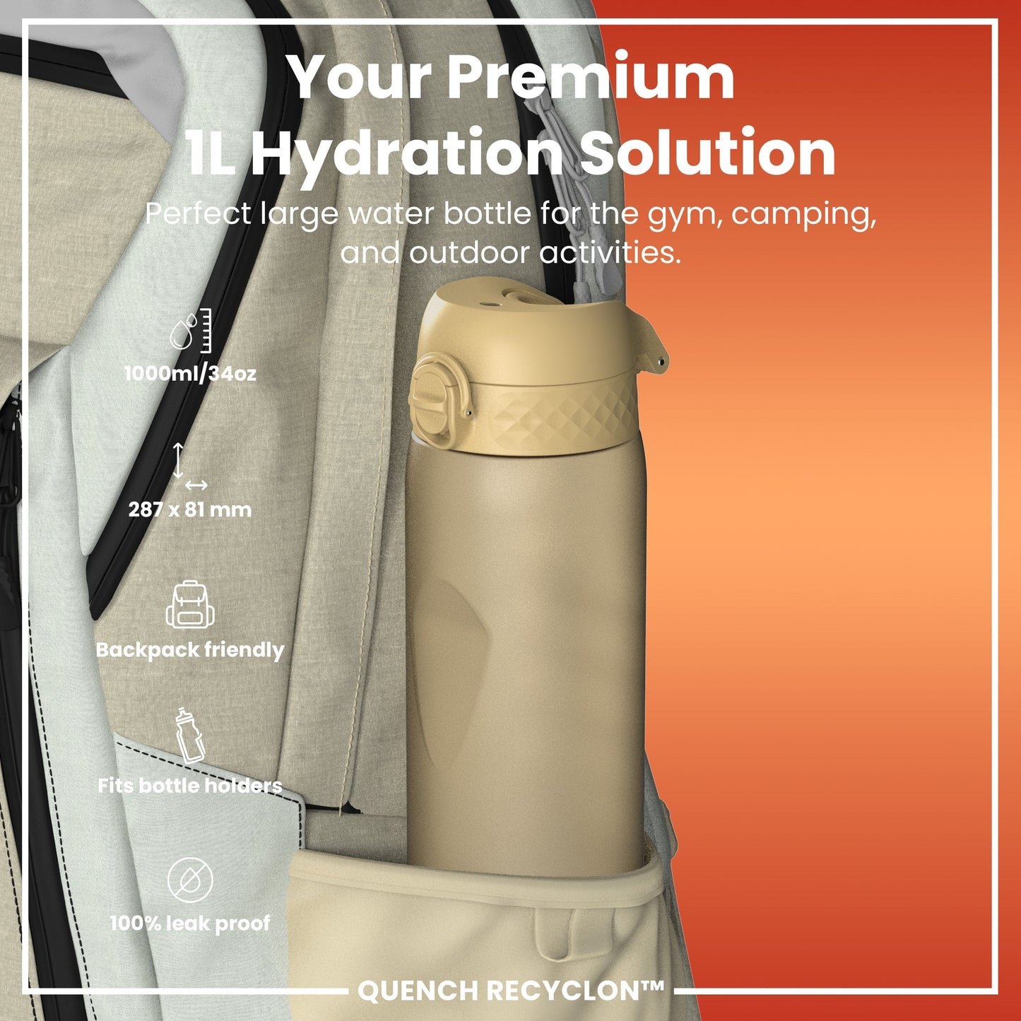 Leak Proof 1 litre Water Bottle, Recyclon, Desert, 1L