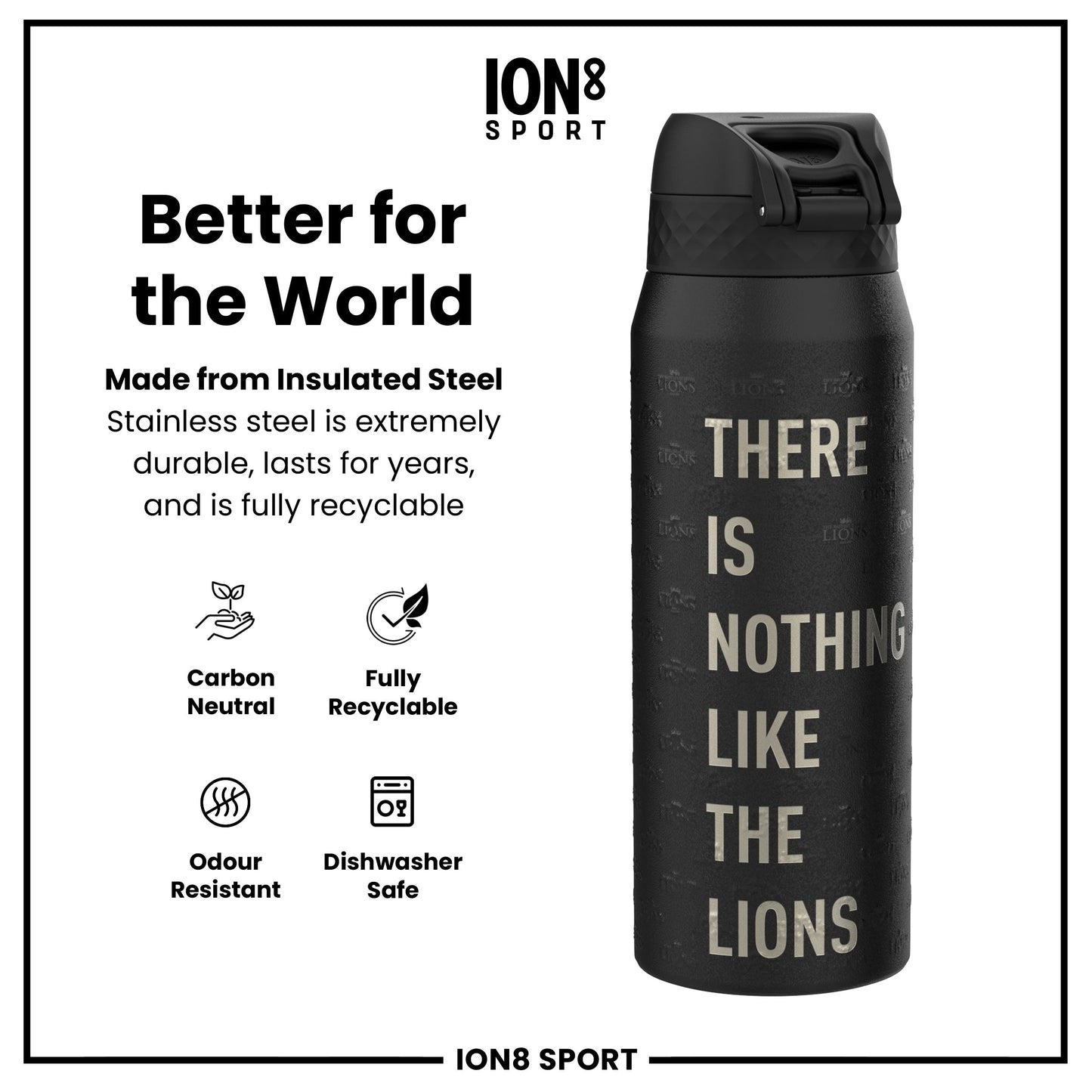 Lions X ION8 Insulated Steel Water Bottle, British & Irish Lions, Nothing Like The Lions, 750ml (24oz)