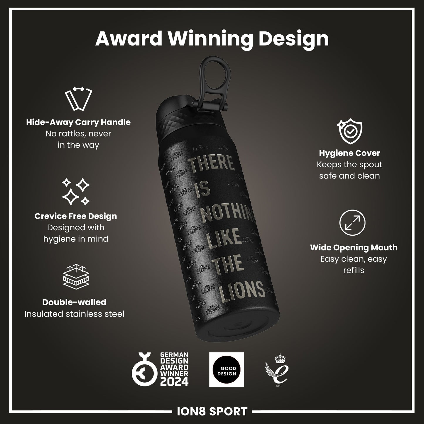 Lions X ION8 Insulated Steel Water Bottle, British & Irish Lions, Nothing Like The Lions, 750ml (24oz)