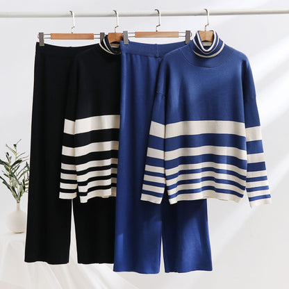 knitted sweater, high waist loose wide leg pants set,