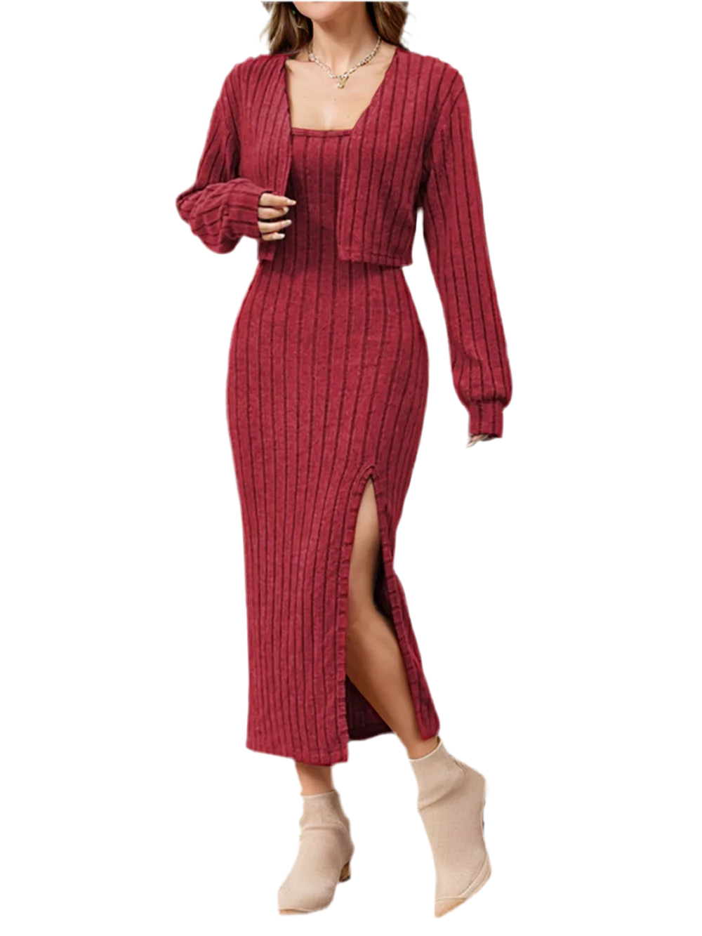 Ensemble cardigan court côtelé à manches longues et robe camisole fendue