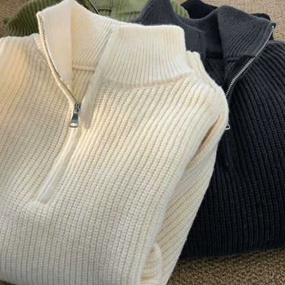 Men's Solid Color Half Zip Turtleneck Long Sleeve Knit Sweater