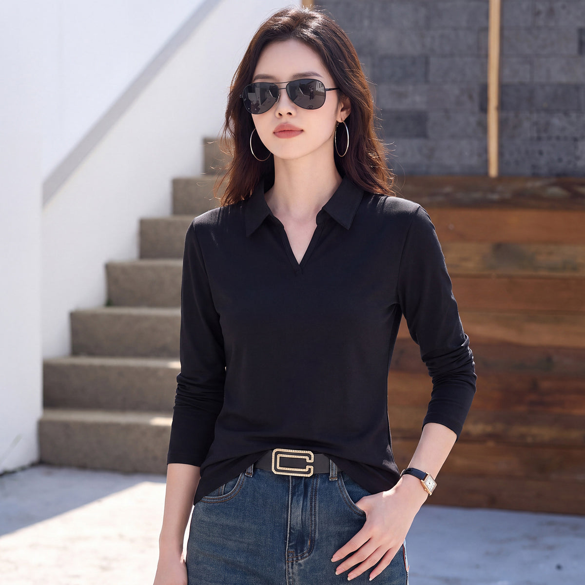 Collar long sleeved top