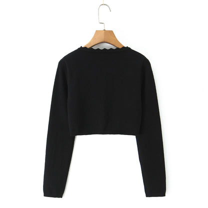 Round neck wavy lace long sleeved cardigan casual knit sweater