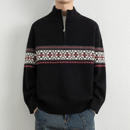 Men's Casual Ethnic Jacquard Stand Collar Half-Zip Knit Sweater