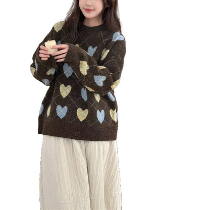 Love jacquard round neck sweater for women