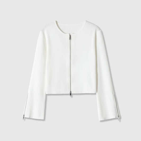 Retro style long sleeved round neck zipper jacket