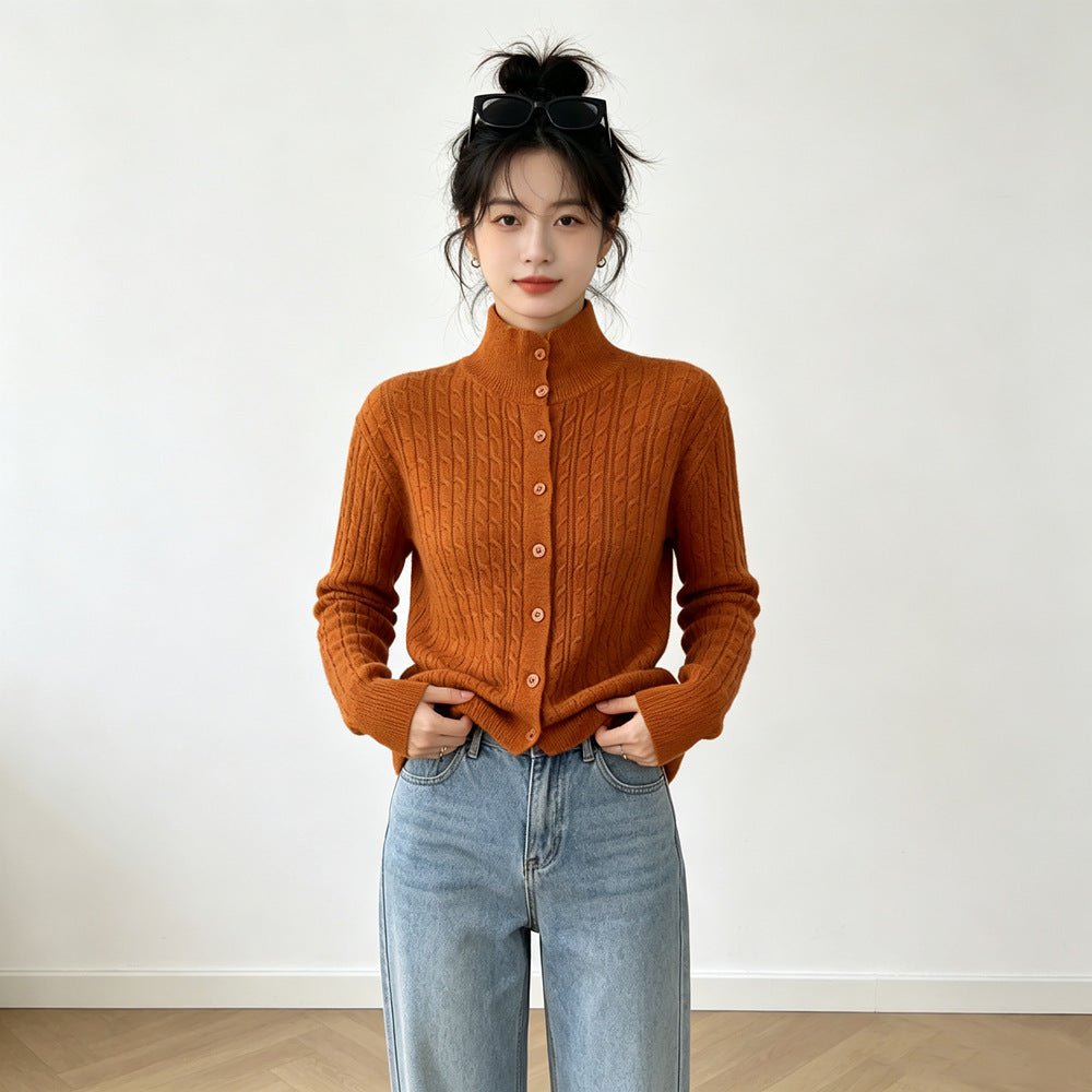 Single breasted high neck long sleeved sweater