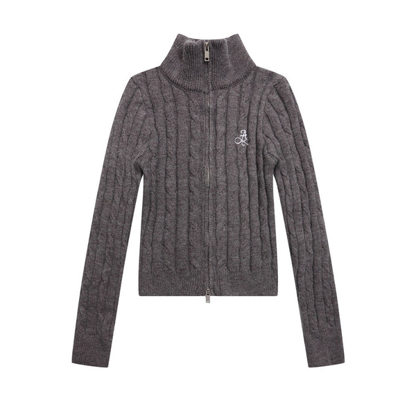 Herringbone Pattern Zip-Up Cardigan Sweater Casual Slim Fit with Double-Headed Zipper