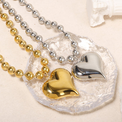 Exaggerated bead chain 18K gold heart pendant necklace
