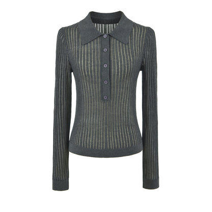Women's Ribbed Polo-Collar Knit Top