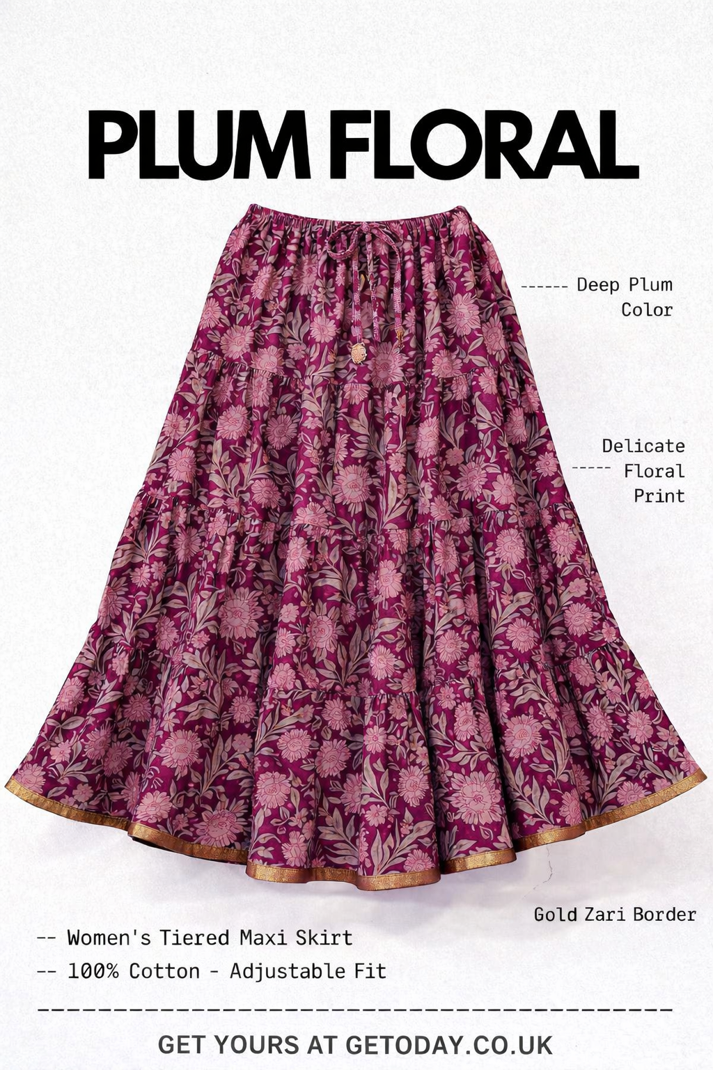 Blackfever Plum Floral Tiered Maxi Skirt with Gold Zari Border