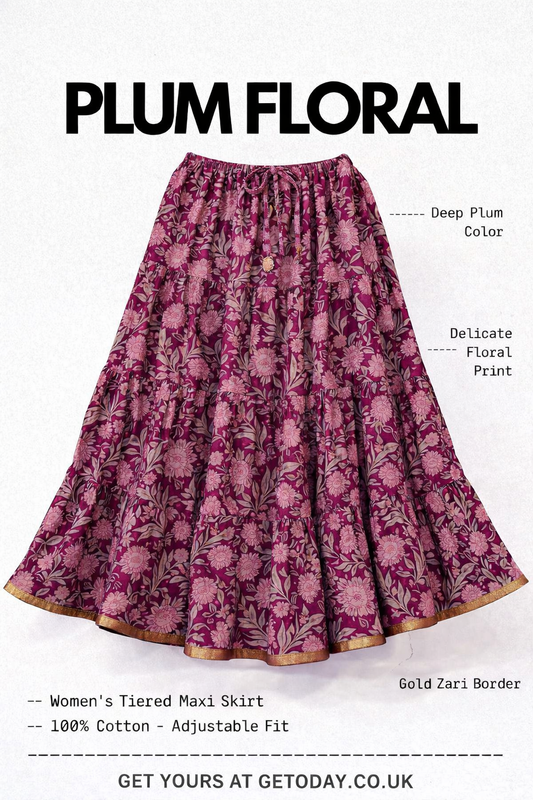 Blackfever Plum Floral Tiered Maxi Skirt with Gold Zari Border