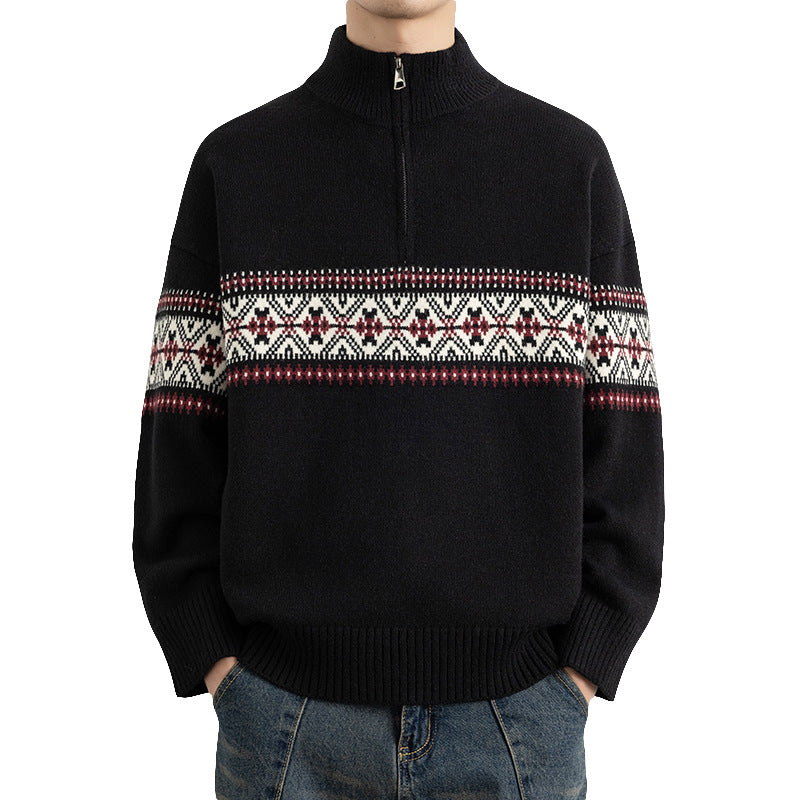 Men's Casual Ethnic Jacquard Stand Collar Half-Zip Knit Sweater