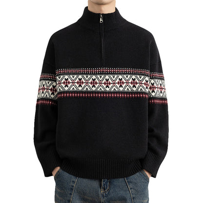 Men's Casual Ethnic Jacquard Stand Collar Half-Zip Knit Sweater
