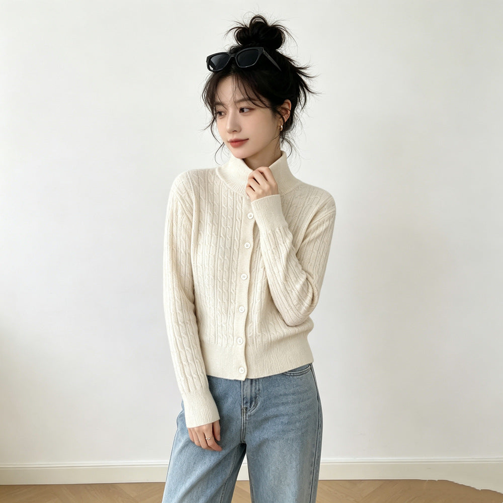 Single breasted high neck long sleeved sweater