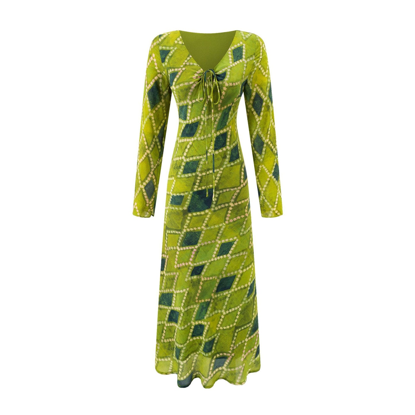 V-Neck Tie-Strap Long Sleeve Waist-Cinching Figure-Flattering Maxi Dress