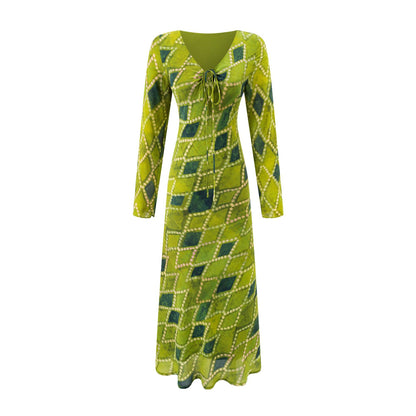 V-Neck Tie-Strap Long Sleeve Waist-Cinching Figure-Flattering Maxi Dress