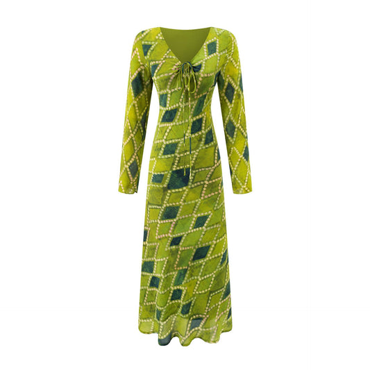 V-Neck Tie-Strap Long Sleeve Waist-Cinching Figure-Flattering Maxi Dress