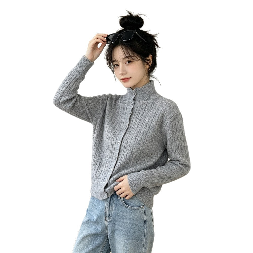 Single breasted high neck long sleeved sweater